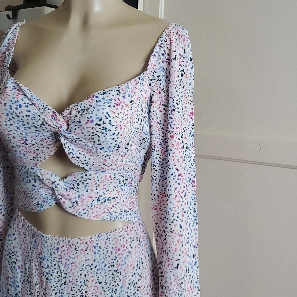 AFRM rainbow splatter leopard print white maxi dress long sleeve cut out Size M - Picture 4 of 12